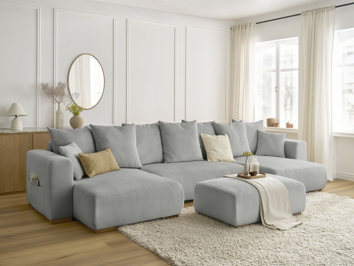 Bobochic Sidonie Wohnlandschaft mit Pouf Cordsamt Hellgrau