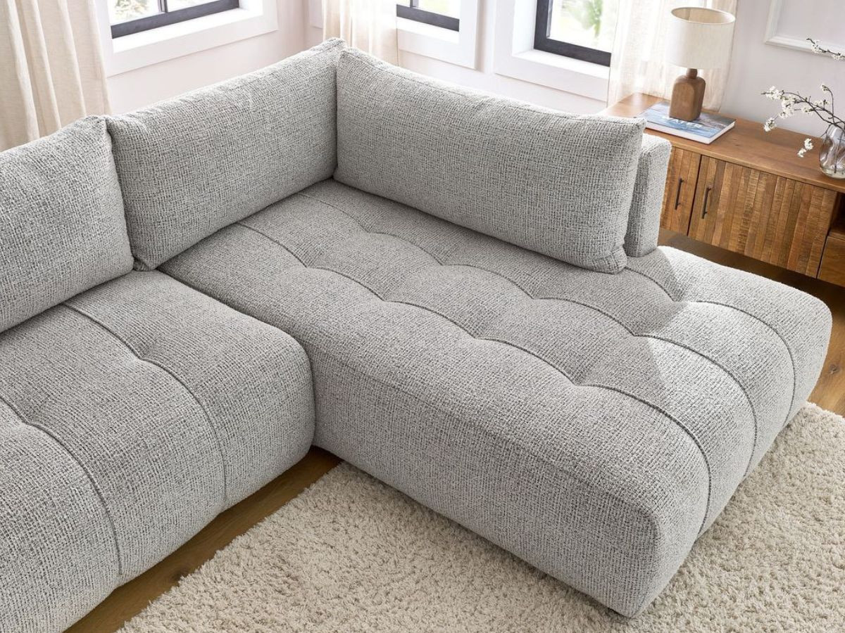 Bobochic Arsene Ecksofa mit Schlaffunktion und Bettkasten 277 × 200 cm Melange-Stoff Hellgrau Ecke rechts