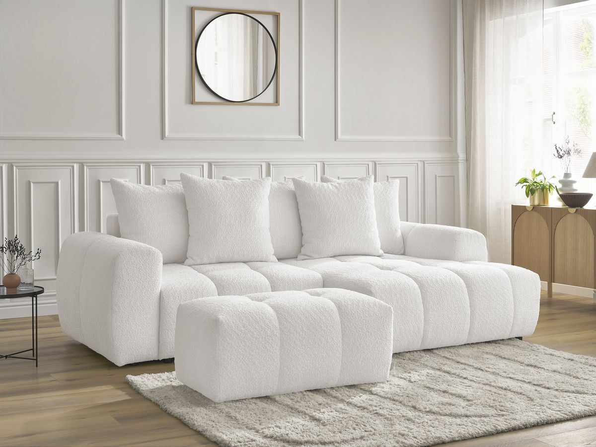 Bobochic Roxelane Ecksofa mit Schlaffunktion und Bettkasten und Pouf 258 × 150 cm Bouclé-Stoff Weiß Ecke rechts