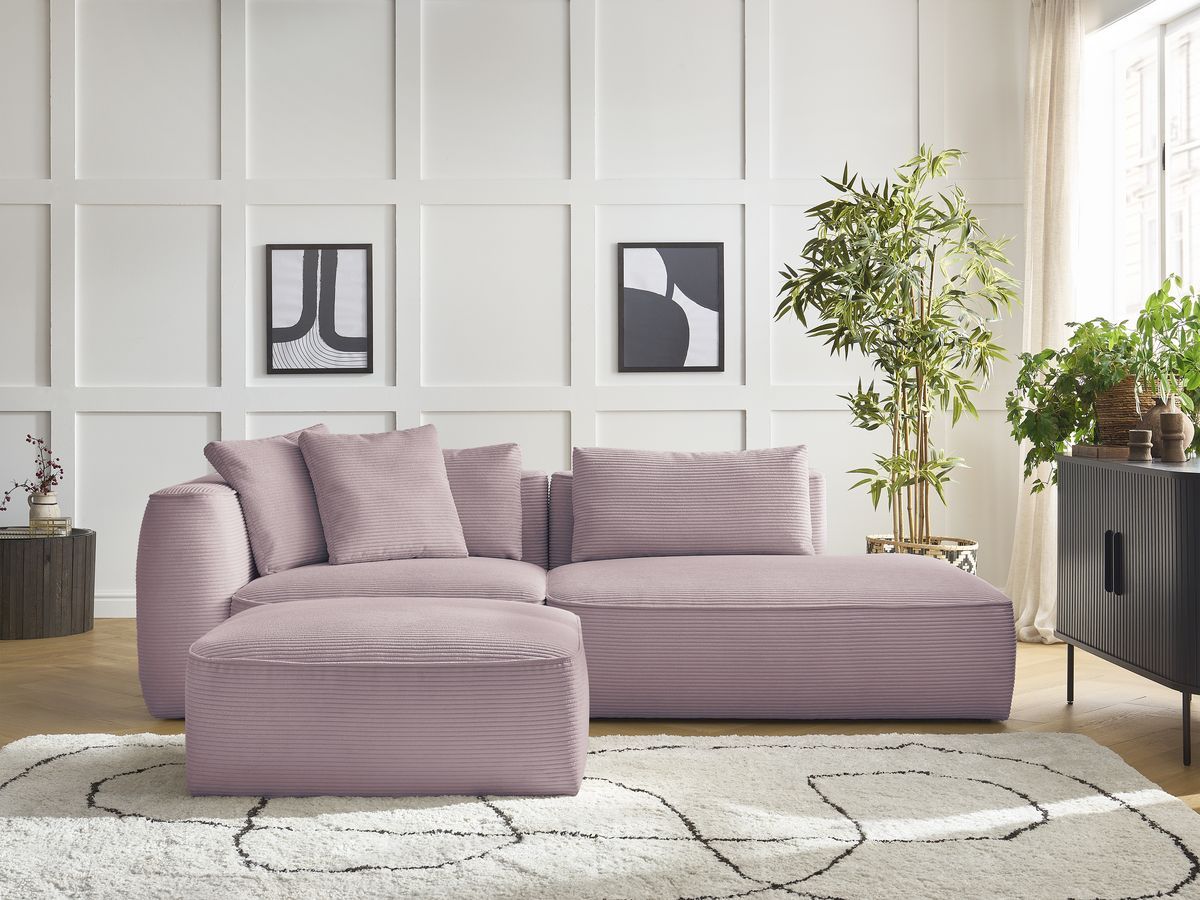 Bobochic Leopold Sofa 4-Sitzer mit Pouf Cordsamt Violett Armlehne links