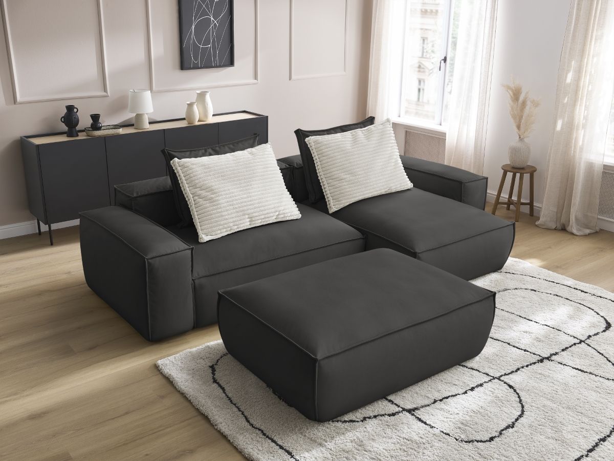 Bobochic Boheme Ecksofa mit Pouf Kunstleder Schwarz