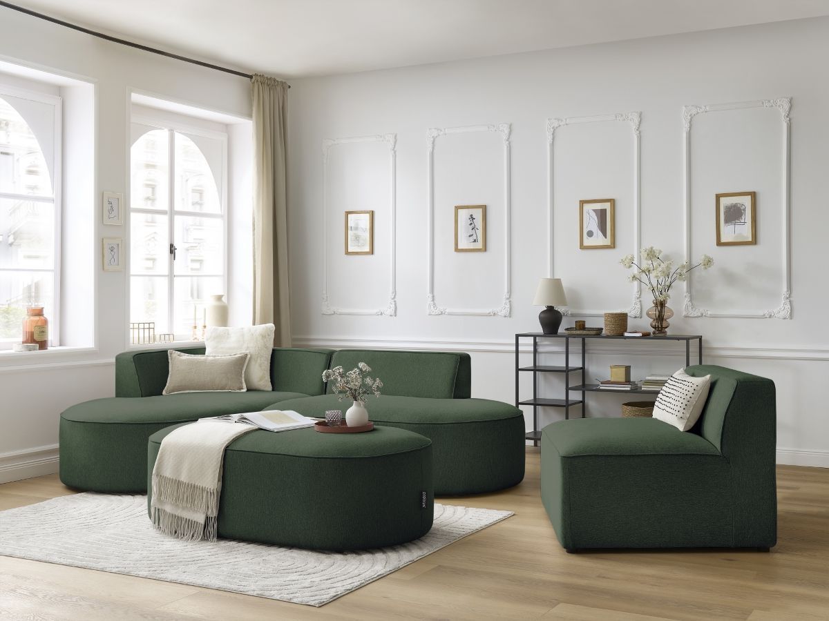 Bobochic Rousseau Ecksofa mit Sofamodul und Pouf Melange-Stoff Grün Ecke links