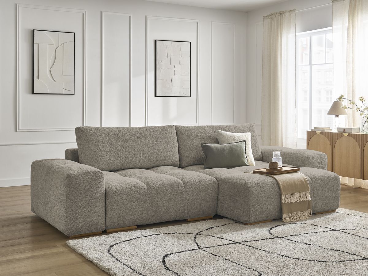 Bobochic Anakin Ecksofa mit Schlaffunktion und Bettkasten, 2 Kissen Bouclé-Stoff Taupe