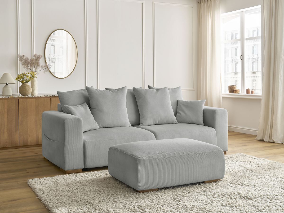 Bobochic Sidonie Schlafsofa 4-Sitzer mit Bettkasten und Pouf Cordsamt Hellgrau