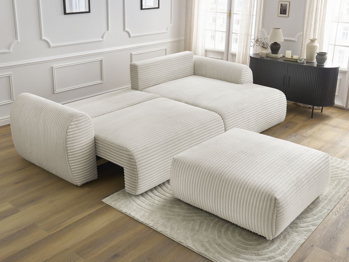 Bobochic Lucien Ecksofa mit Schlaffunktion und Bettkasten und Pouf 314 × 167 cm Breitcord weich Beige Ecke rechts