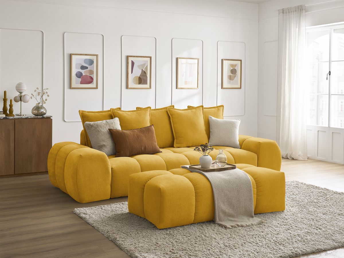 Bobochic Everest Sofa 3-Sitzer mit Pouf, 5 Kissen Strukturstoff Gelb