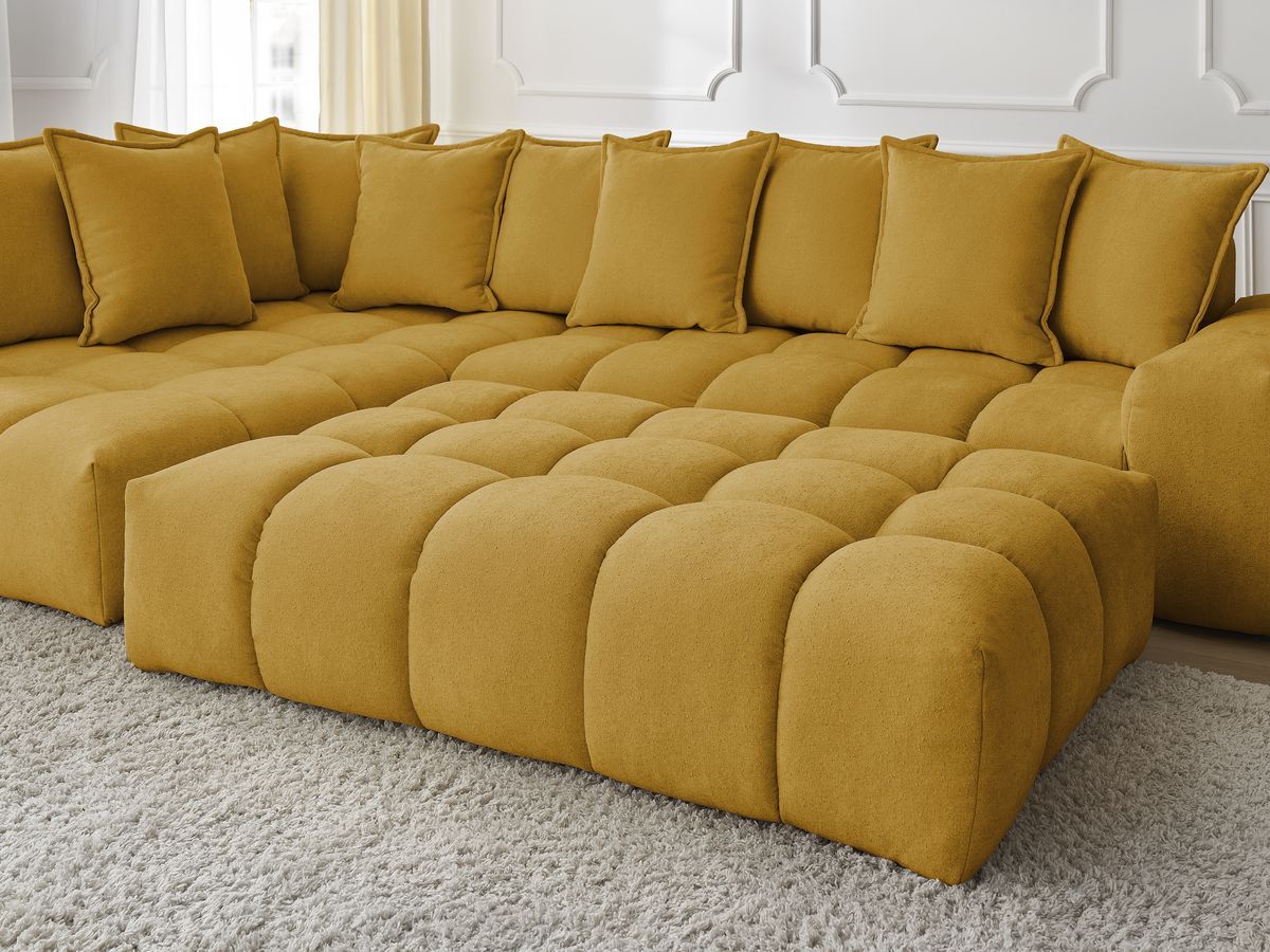 Bobochic Everest Ecksofa mit Schlaffunktion und Pouf, 10 Kissen Strukturstoff Gelb Ecke links