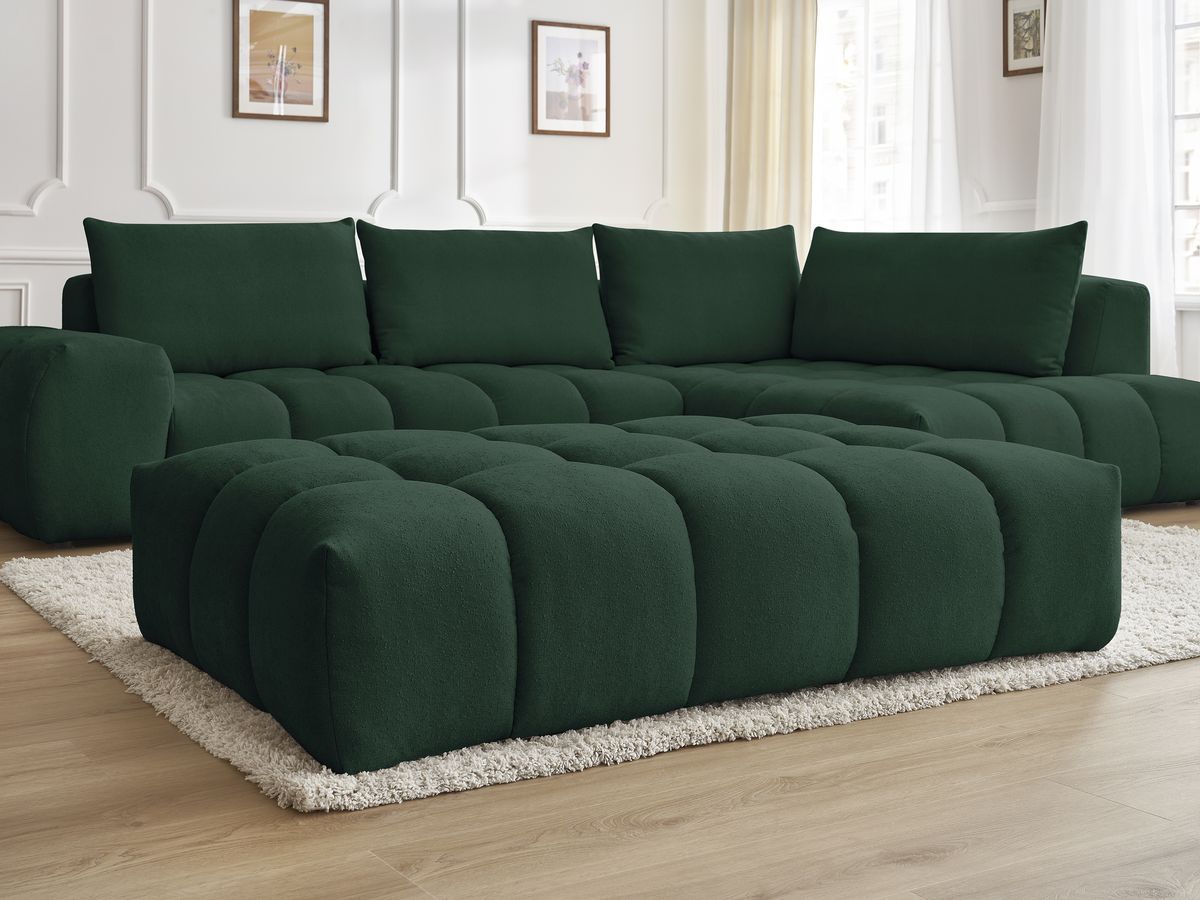 Bobochic Everest Ecksofa mit Schlaffunktion und Pouf, 4 Kissen Strukturstoff Grün Ecke rechts