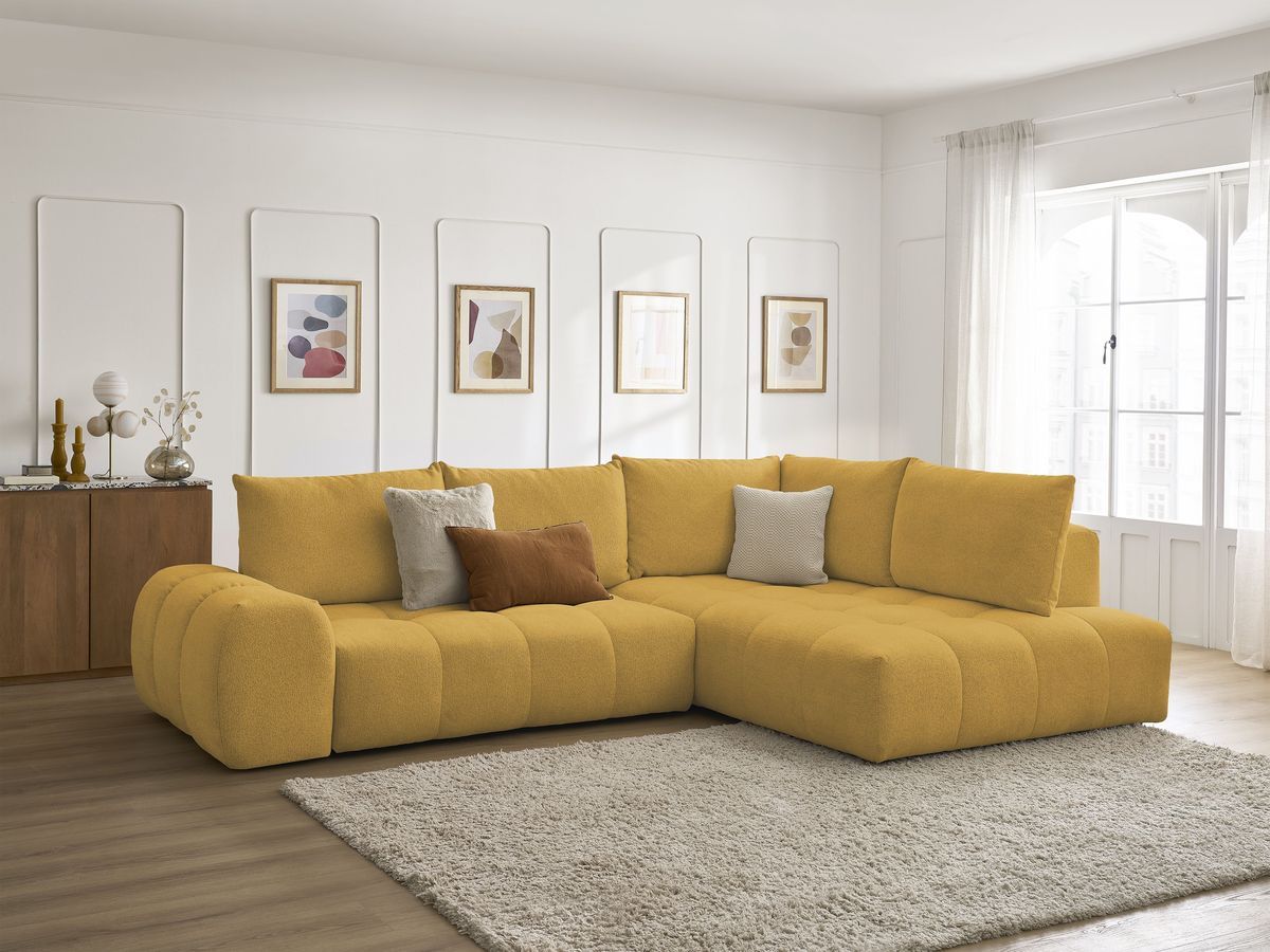 Bobochic Everest Ecksofa mit Schlaffunktion und Bettkasten 320 × 212 cm, 5 Kissen Melange-Stoff Gelb Ecke rechts