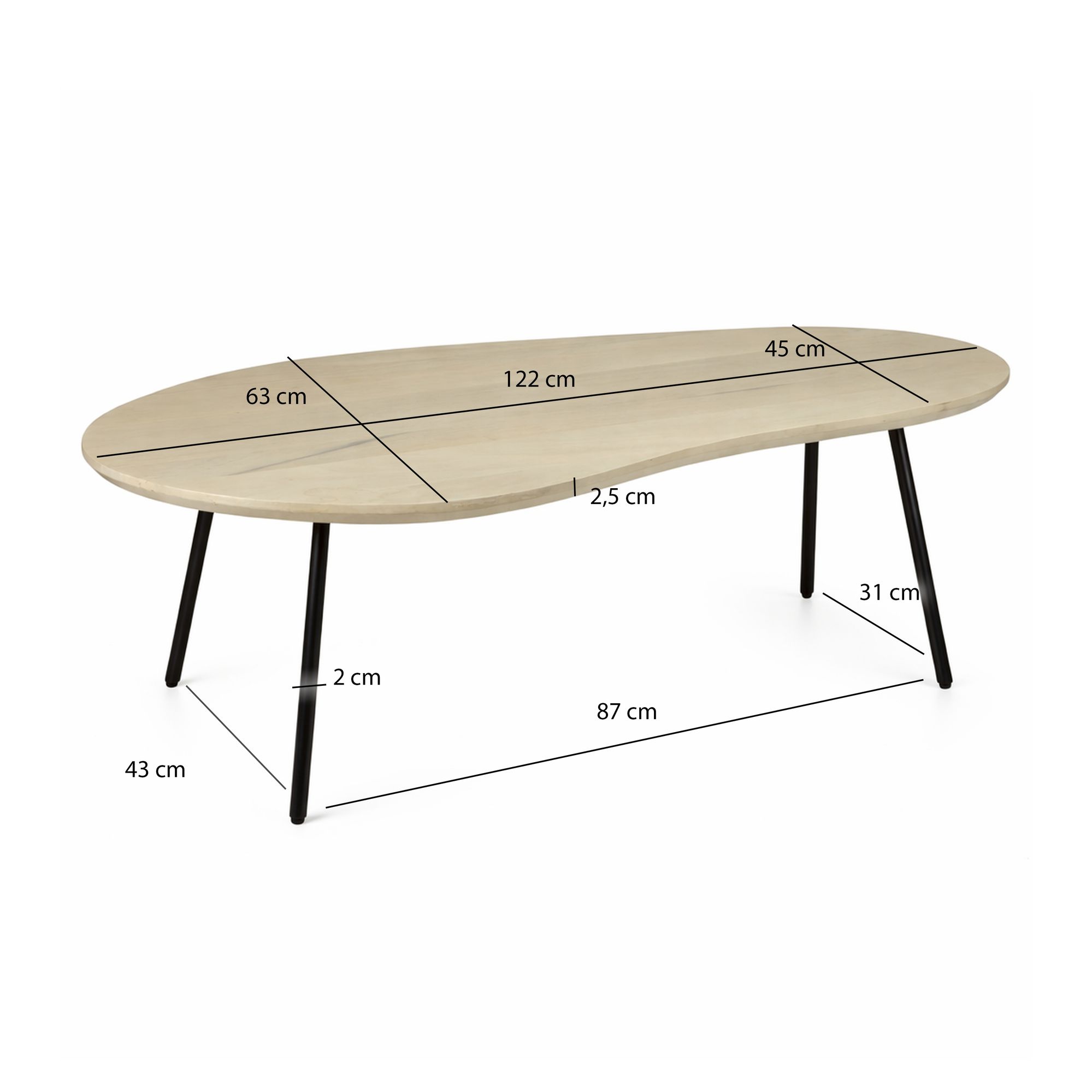 Couchtisch Ramnes Mango Massivholz Weiß 122 × 63 × 36 cm