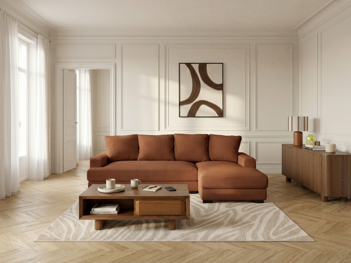 Bobochic Campi Ecksofa mit Schlaffunktion und Bettkasten Cordsamt Orange Ecke rechts