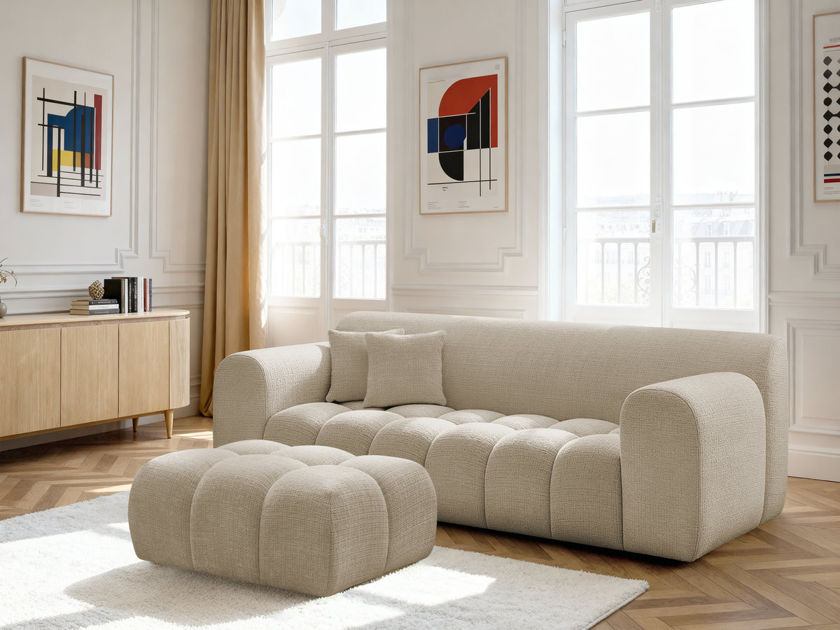 Bobochic Melisse Sofa 3-Sitzer mit Pouf Strukturstoff Beige