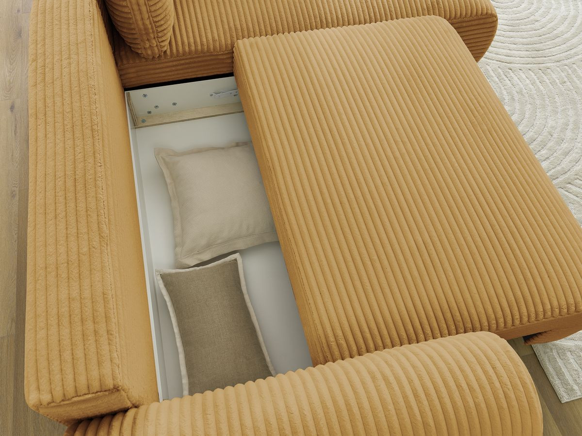 Bobochic Lucien Ecksofa mit Schlaffunktion und Bettkasten 296 × 198 cm Breitcord weich Gelb Ecke rechts