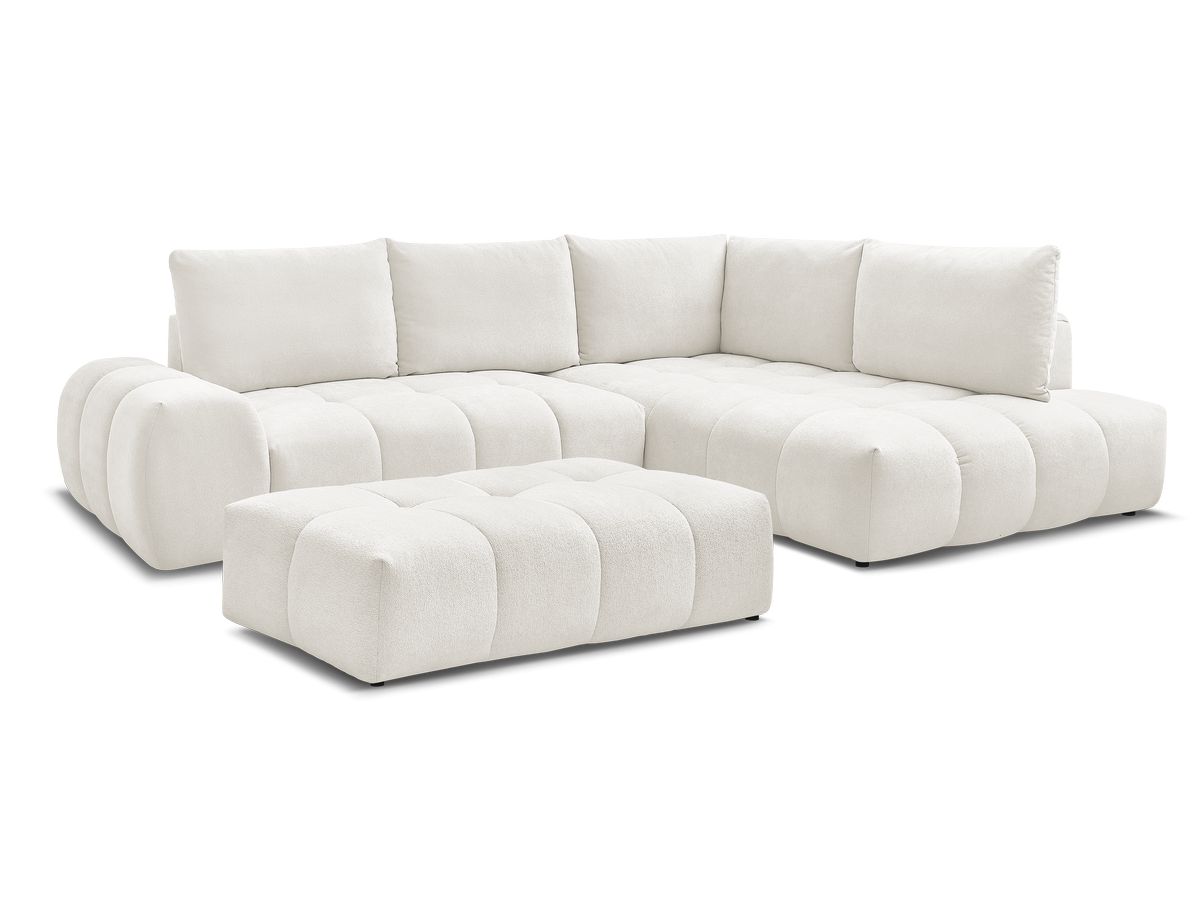 Bobochic Everest Ecksofa mit Schlaffunktion und Bettkasten und Pouf 320 × 212 cm, 5 Kissen Strukturstoff Weiß Ecke rechts