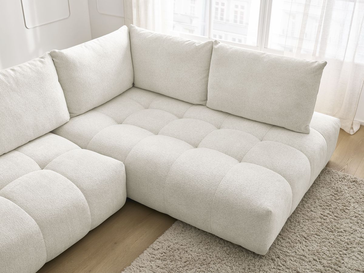 Bobochic Everest Ecksofa mit Schlaffunktion und Bettkasten 320 × 212 cm, 5 Kissen Melange-Stoff Weiß Ecke rechts