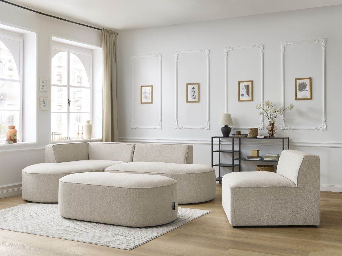 Bobochic Rousseau Ecksofa mit Sofamodul und Pouf Melange-Stoff Beige Ecke links