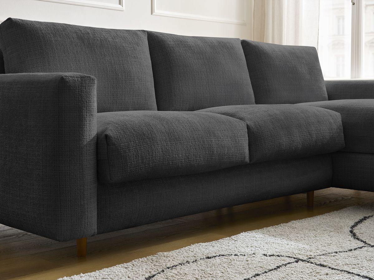 Bobochic Cocoone Ecksofa mit Schlaffunktion und Bettkasten Strukturstoff Schwarz, Liegefläche 140 × 200 cm