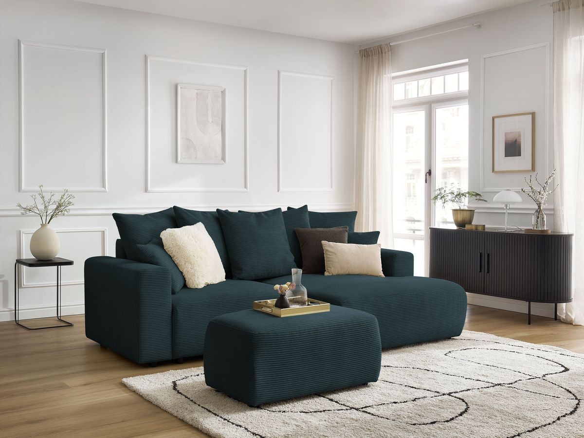 Bobochic Atilla Ecksofa mit Schlaffunktion und Bettkasten und Pouf Cordsamt Dunkelblau Ecke rechts