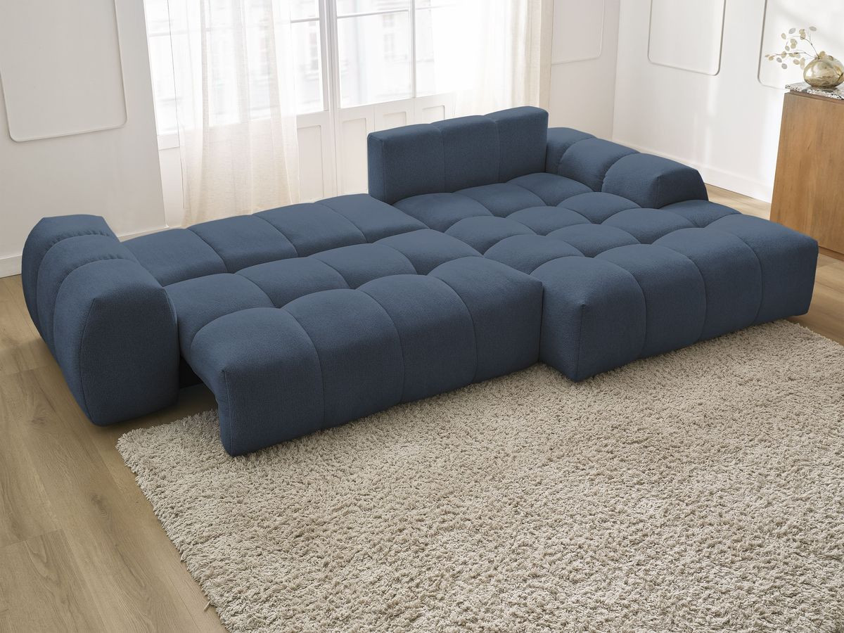 Bobochic Everest Ecksofa mit Schlaffunktion und Bettkasten 318 × 180 cm, 3 Kissen Melange-Stoff Dunkelblau Ecke rechts