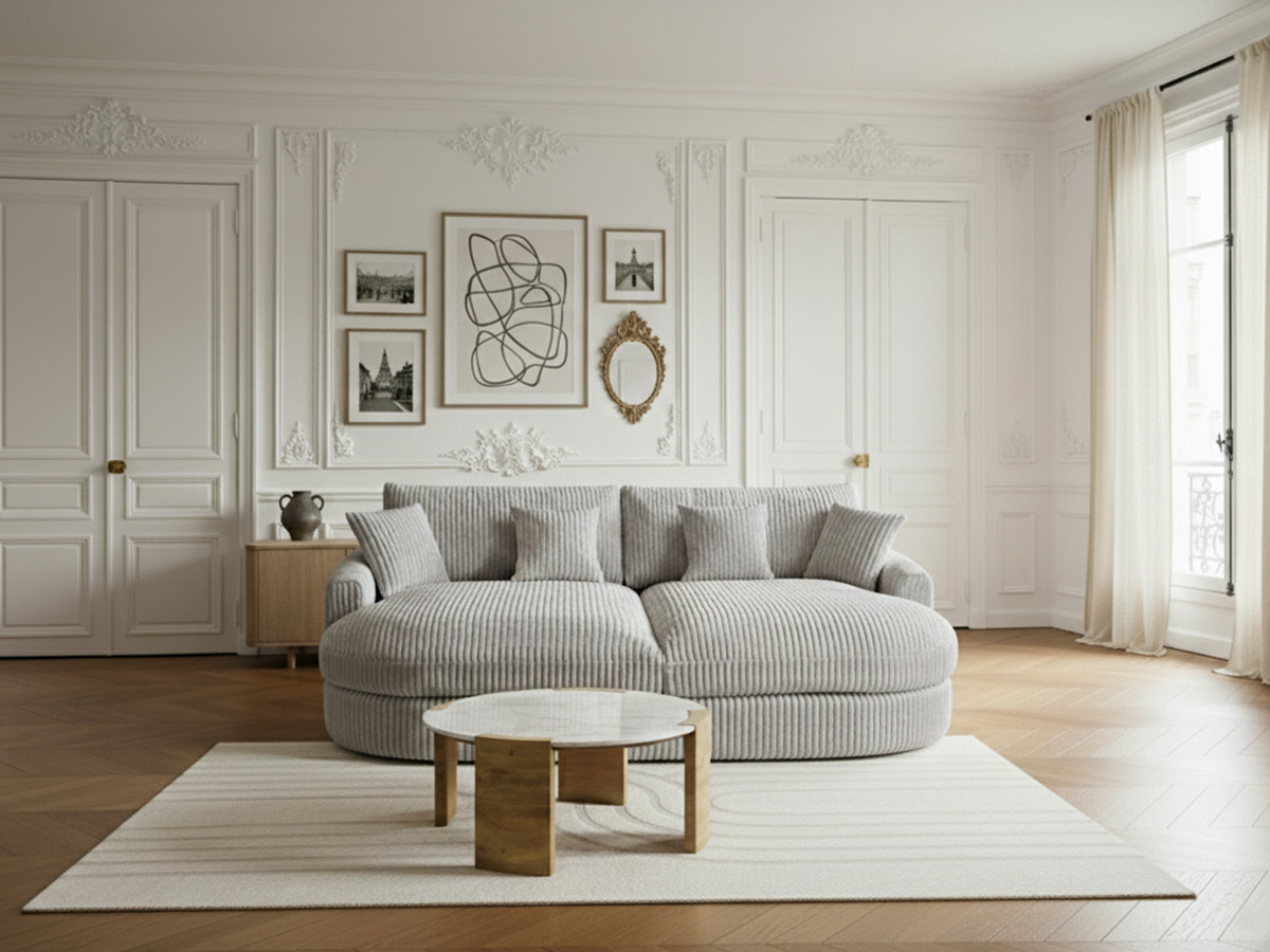 Bobochic Belem Sofa 3-Sitzer Breitcord weich Hellgrau