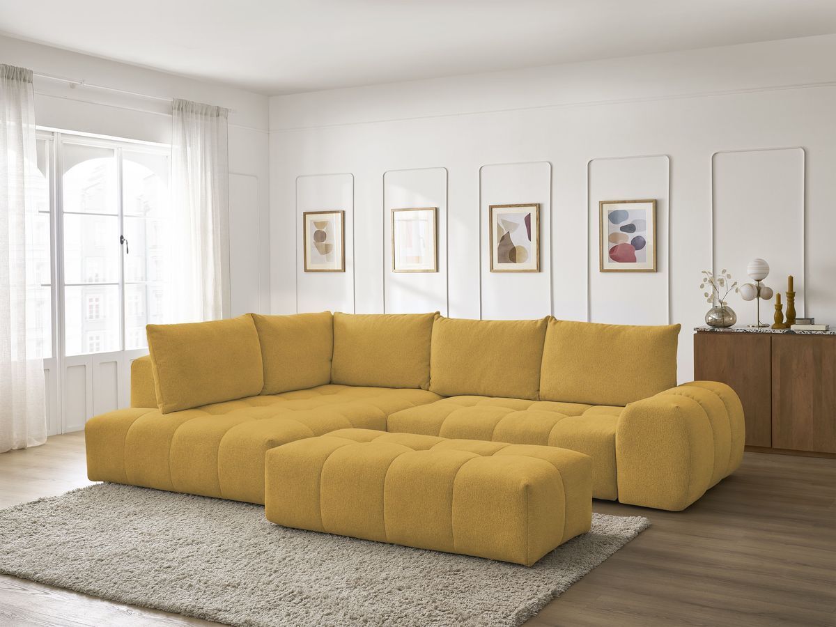 Bobochic Everest Ecksofa mit Schlaffunktion und Bettkasten und Pouf 320 × 212 cm, 5 Kissen Melange-Stoff Gelb Ecke links
