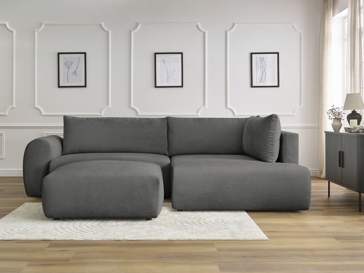 Bobochic Lucien Ecksofa mit Schlaffunktion und Bettkasten und Pouf 296 × 198 cm Stoff Dunkelgrau Ecke rechts