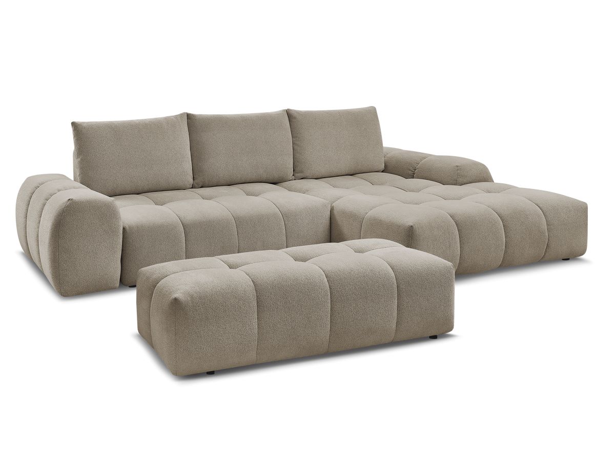 Bobochic Everest Ecksofa mit Schlaffunktion und Bettkasten und Pouf 318 × 180 cm, 3 Kissen Melange-Stoff Taupe Ecke rechts