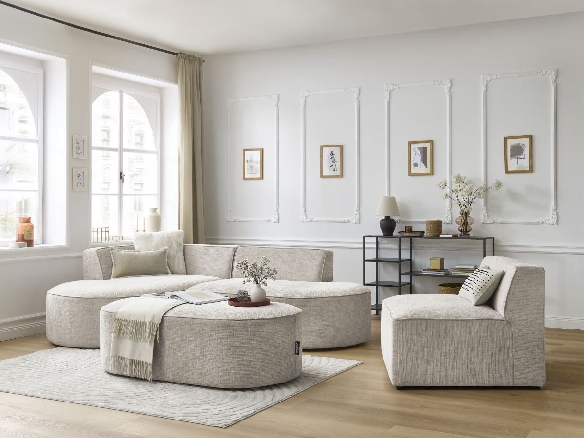 Bobochic Rousseau Ecksofa mit Sofamodul und Pouf Strukturstoff Beige Ecke links