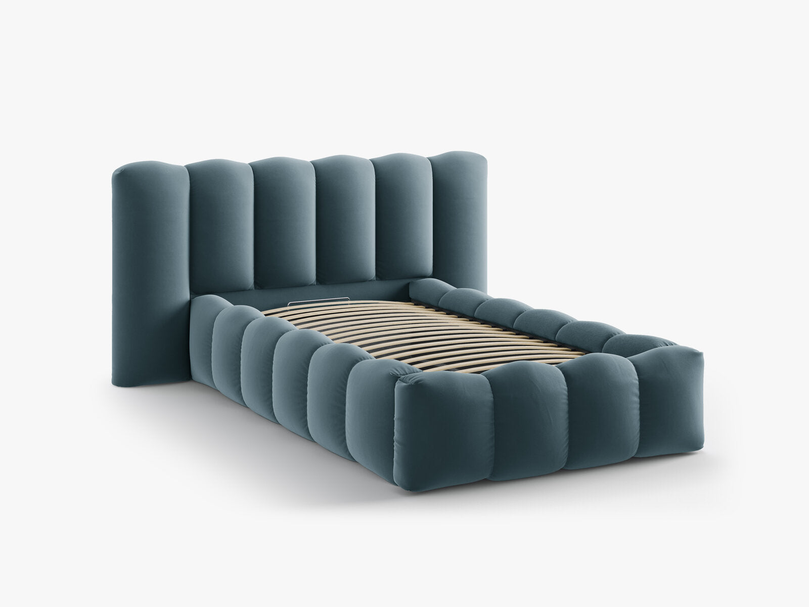 Micadoni Stauraumbett mit Kopfteil Lupine Samt Paris Blau 90x200