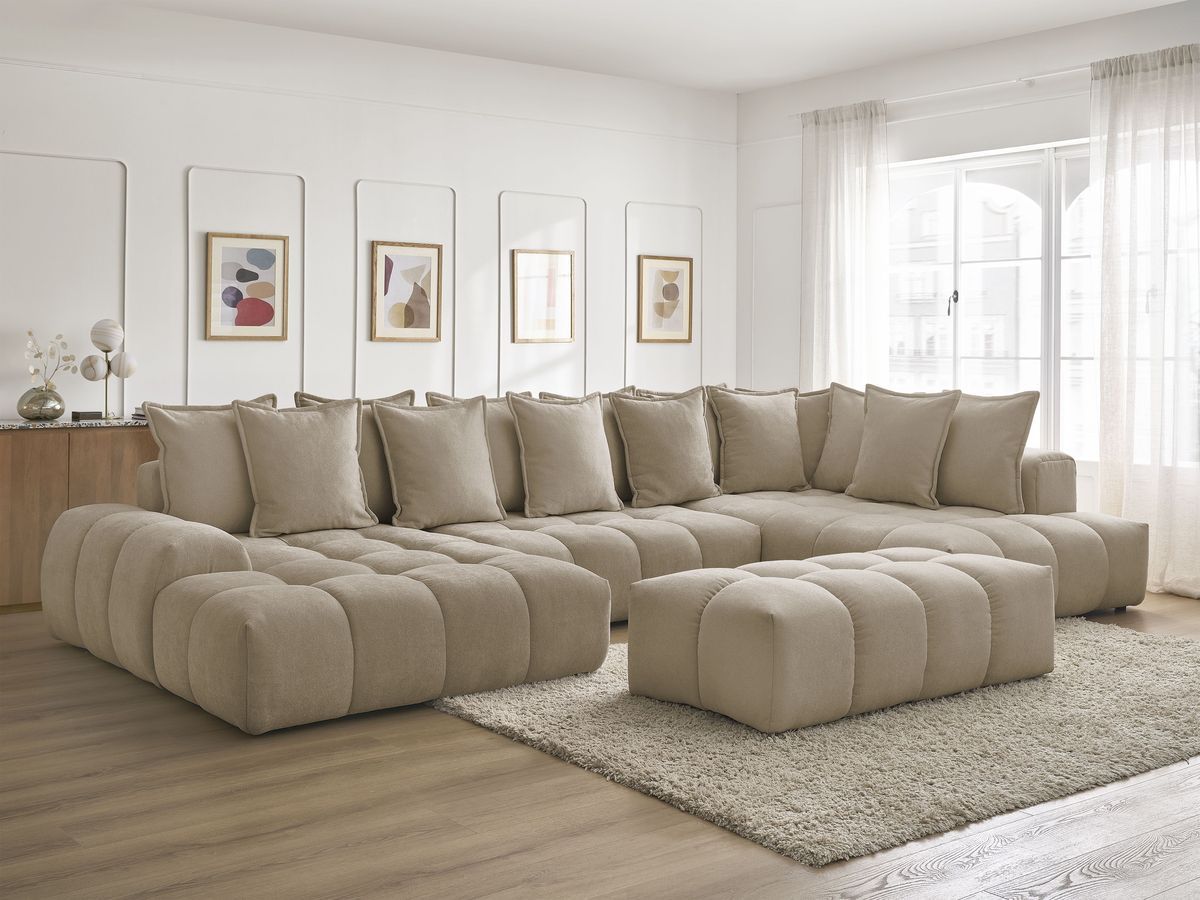 Bobochic Everest Wohnlandschaft mit Pouf, 14 Kissen Strukturstoff Taupe Ecke links