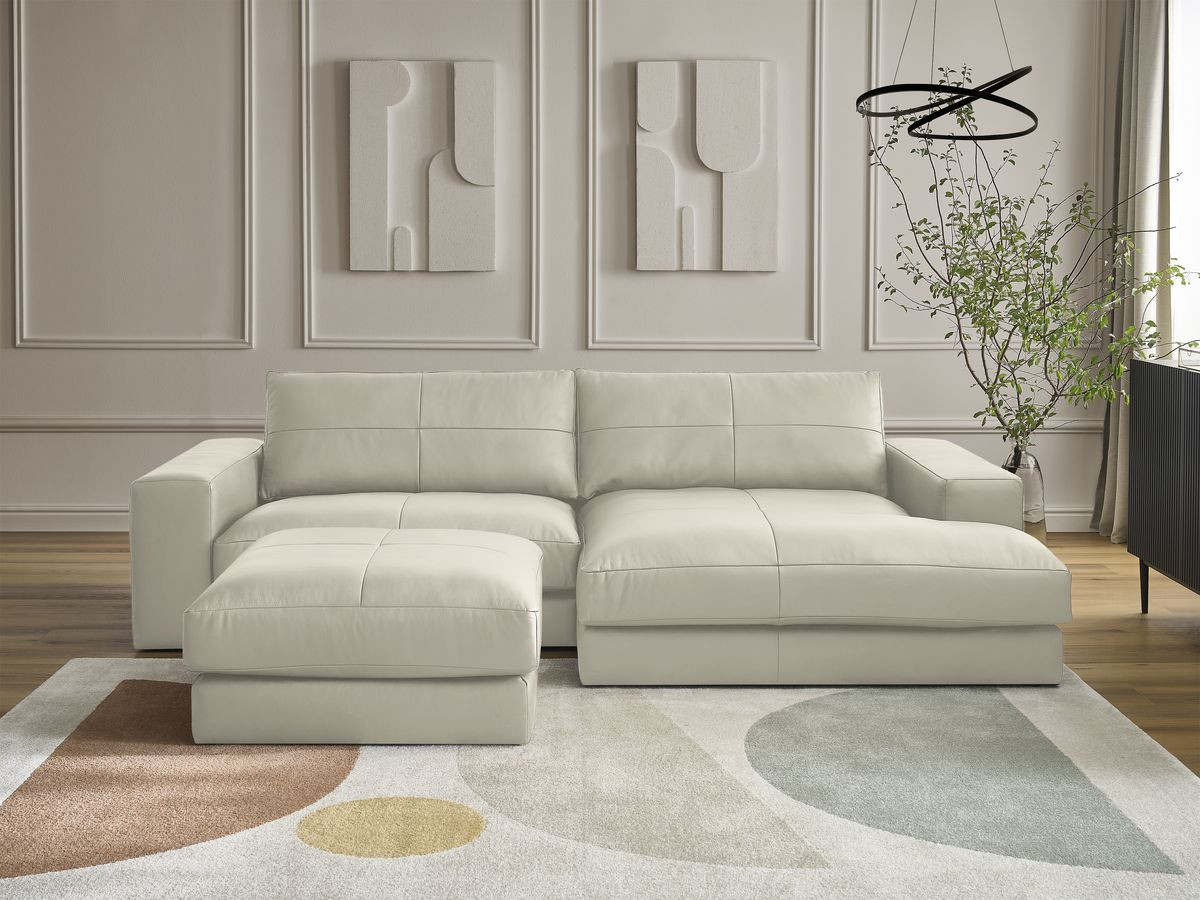 Bobochic Leonard Ecksofa mit Pouf 274 × 159 cm Leder Beige Ecke rechts