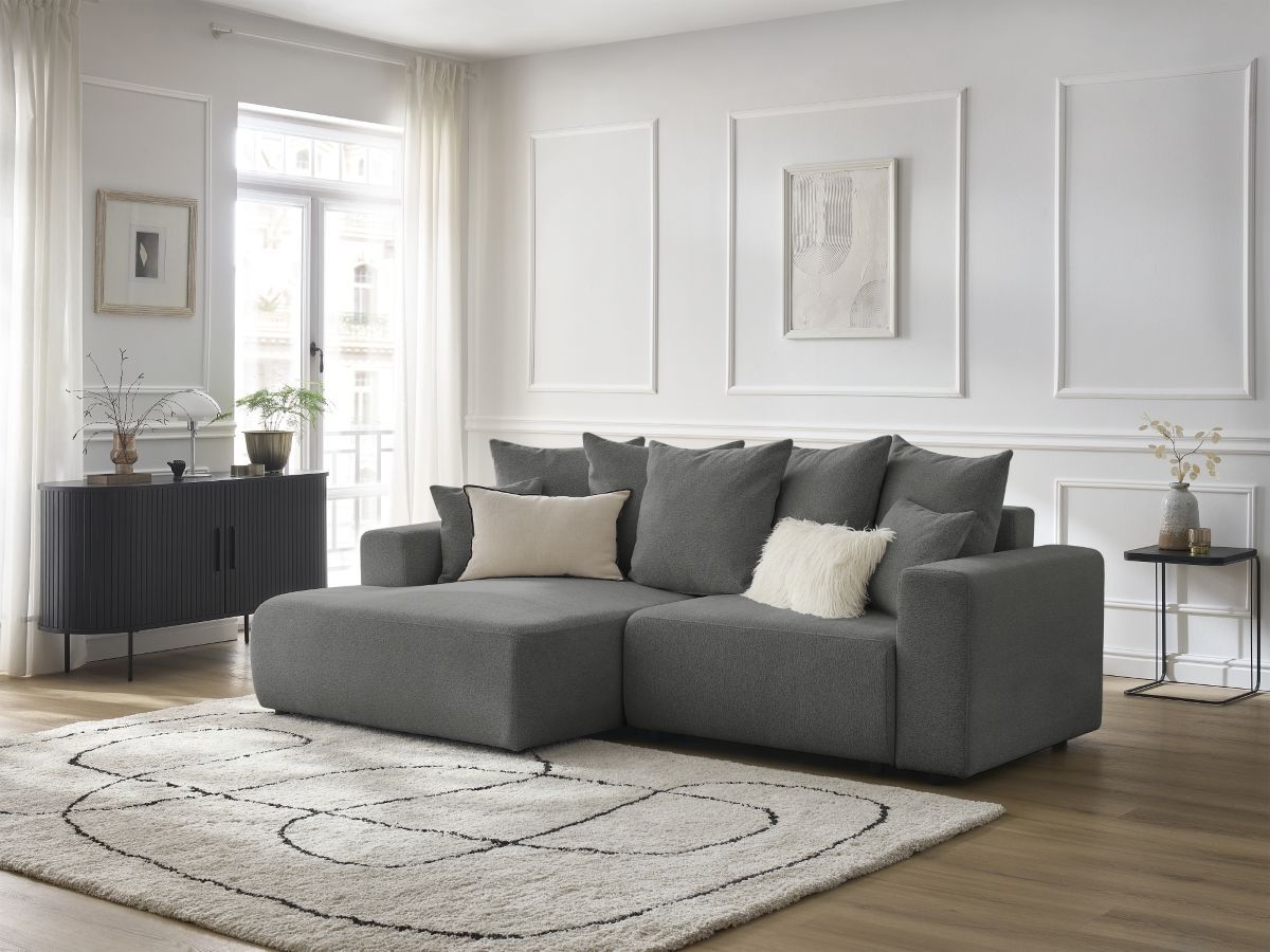 Bobochic Atilla Ecksofa mit Schlaffunktion und Bettkasten Melange-Stoff Dunkelgrau Ecke links