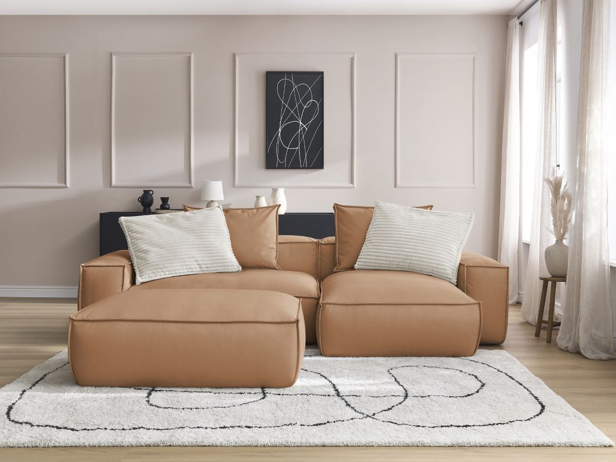 Bobochic Boheme Ecksofa mit Pouf Kunstleder Hellbraun