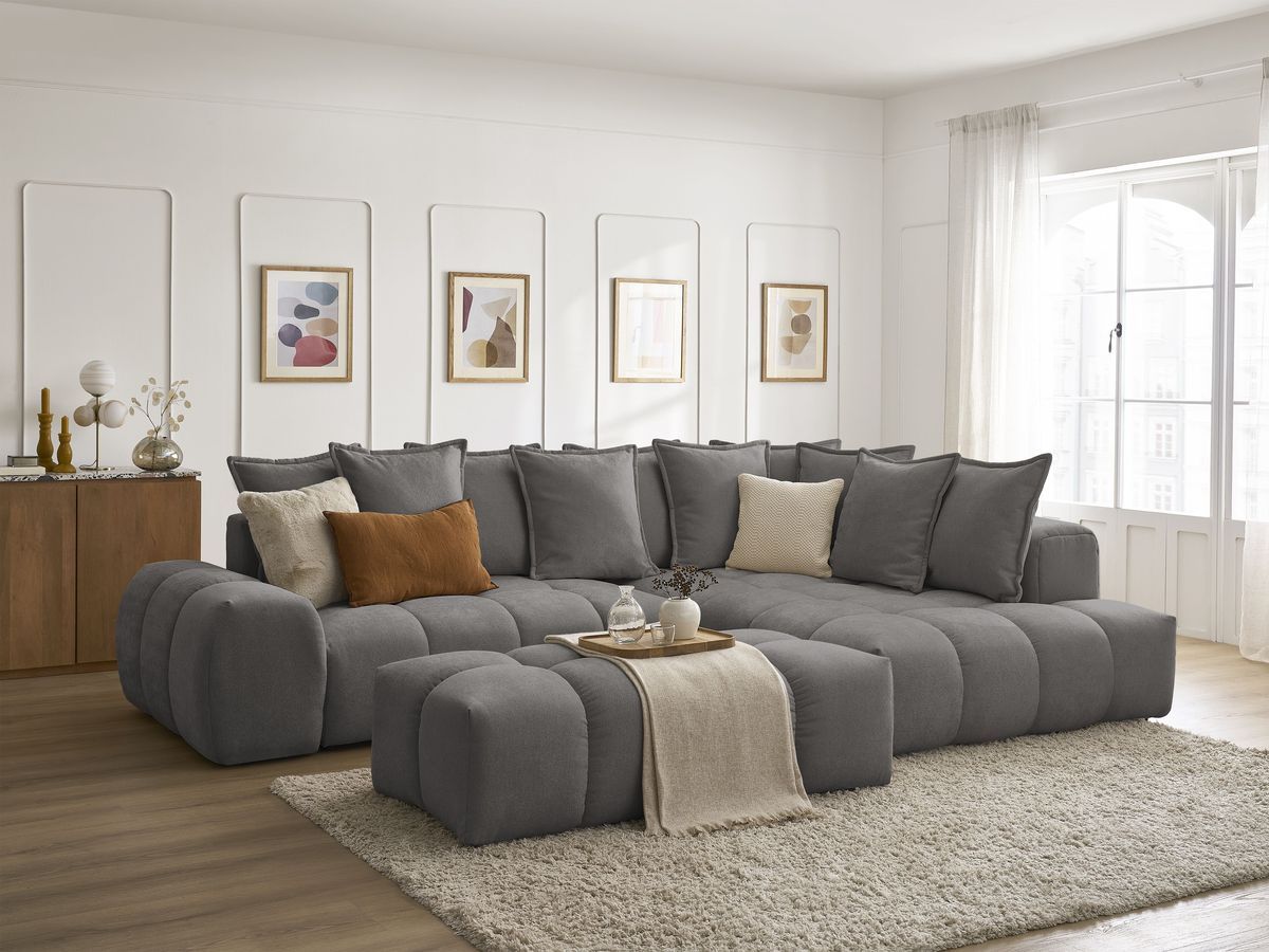 Bobochic Everest Ecksofa mit Schlaffunktion und Bettkasten und Pouf 320 × 212 cm, 10 Kissen Strukturstoff Dunkelgrau Ecke rechts