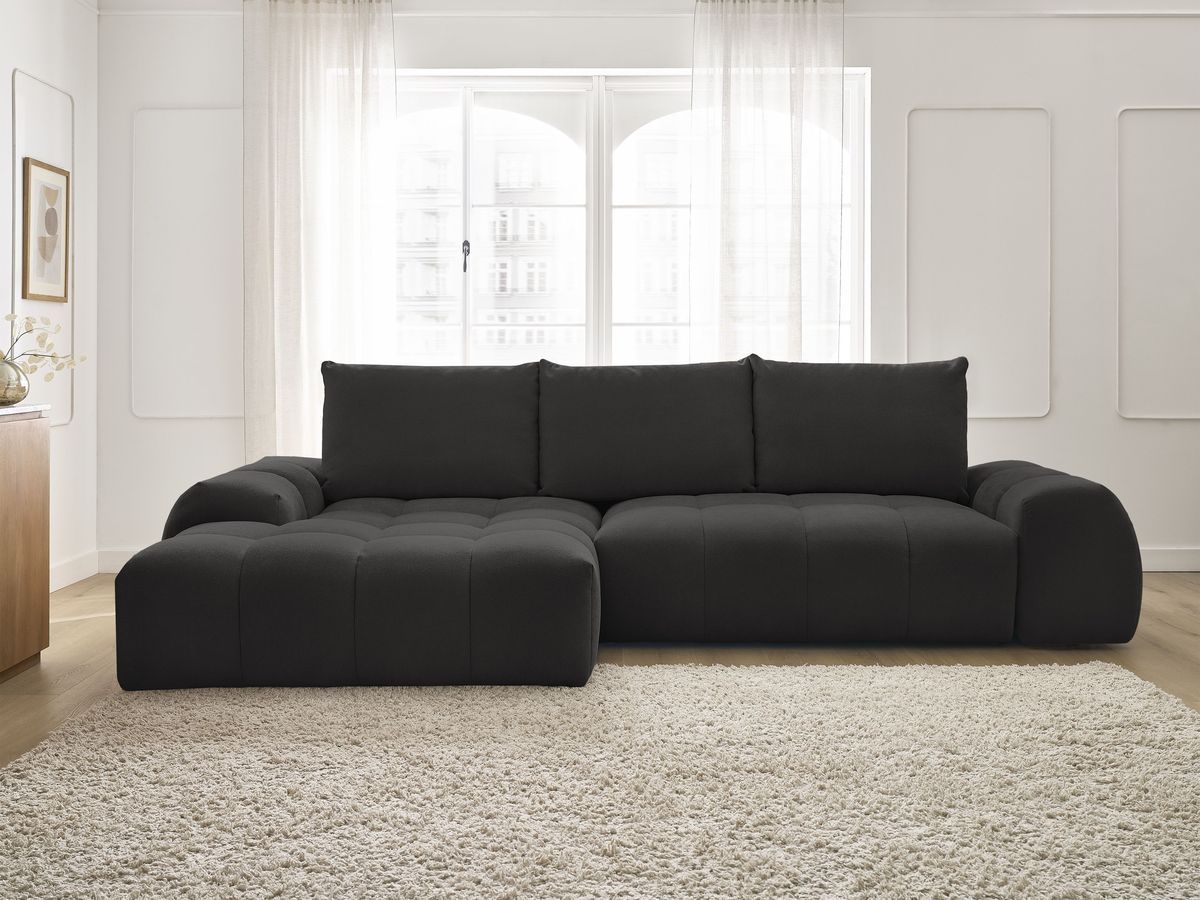 Bobochic Everest Ecksofa mit Schlaffunktion und Bettkasten 318 × 180 cm, 3 Kissen Strukturstoff Schwarz Ecke links