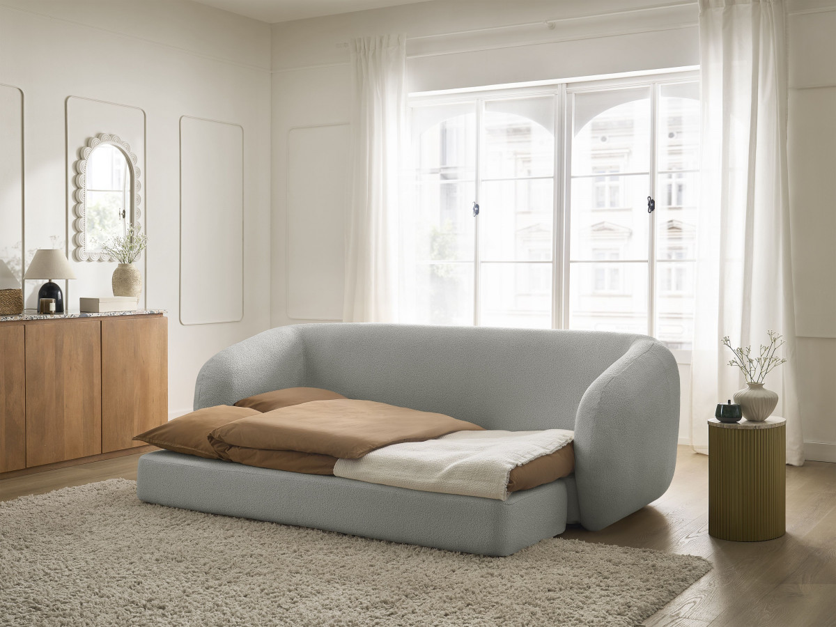 Bobochic Neyo Schlafsofa 3-Sitzer Bouclé-Stoff Hellgrau