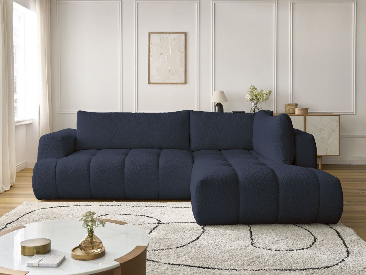 Bobochic Fuji Ecksofa mit Schlaffunktion und Bettkasten 282 × 204 cm Bouclé-Stoff Dunkelblau Ecke rechts