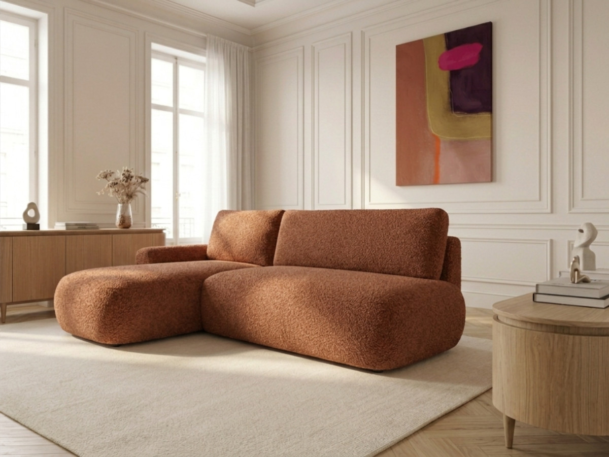 Bobochic Tango Ecksofa mit Schlaffunktion und Bettkasten Bouclé-Stoff Orange Ecke links