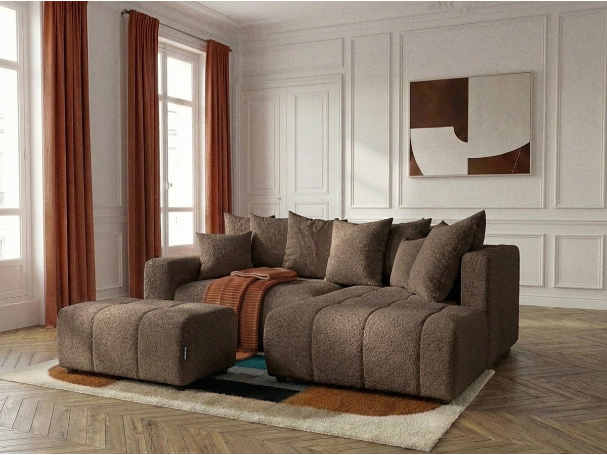 Bobochic Roxelane Ecksofa mit Schlaffunktion und Bettkasten und Pouf Bouclé-Stoff Braun Ecke rechts