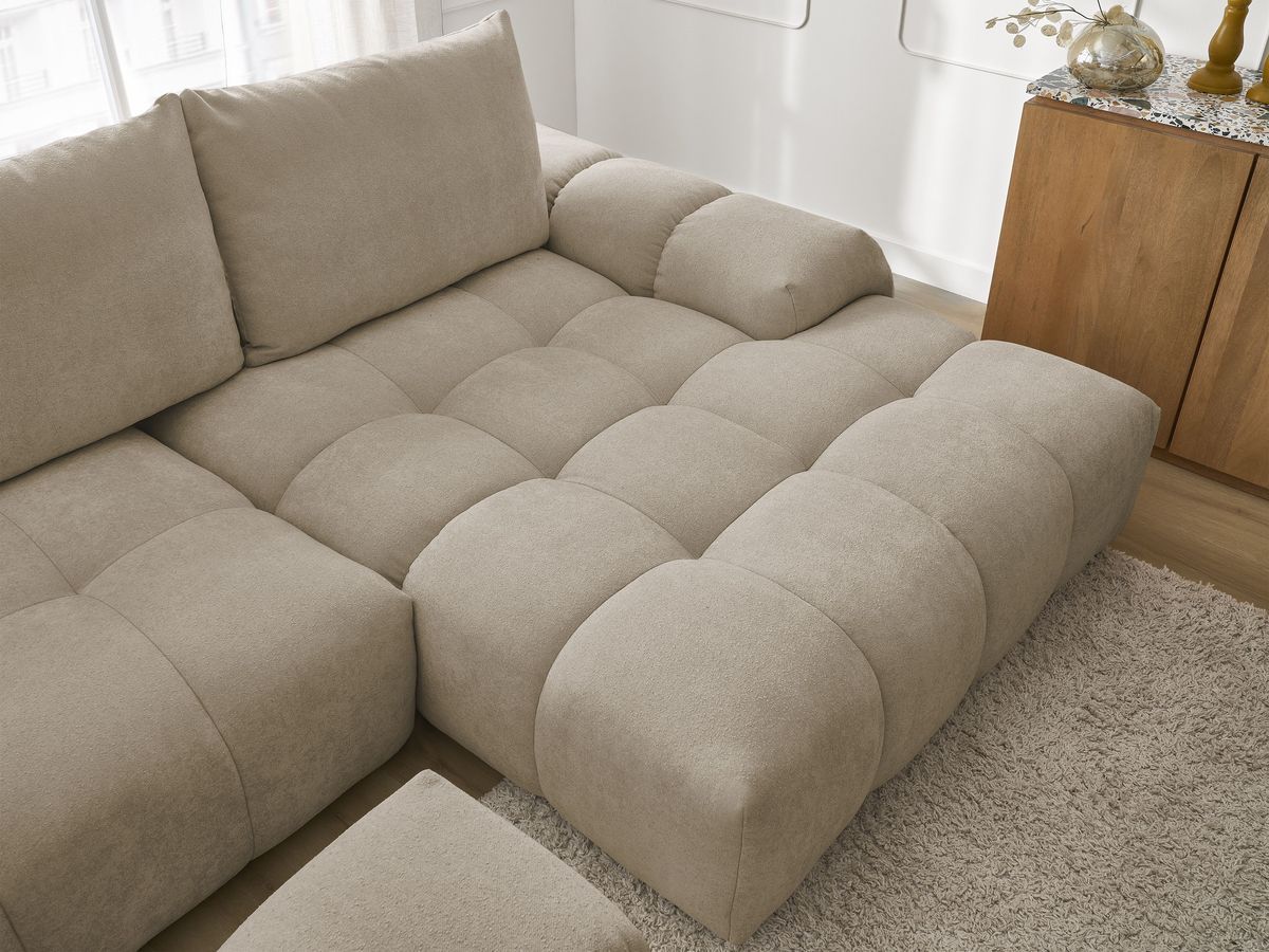 Bobochic Everest Ecksofa mit Schlaffunktion und Bettkasten und Pouf 318 × 180 cm, 3 Kissen Strukturstoff Taupe Ecke rechts