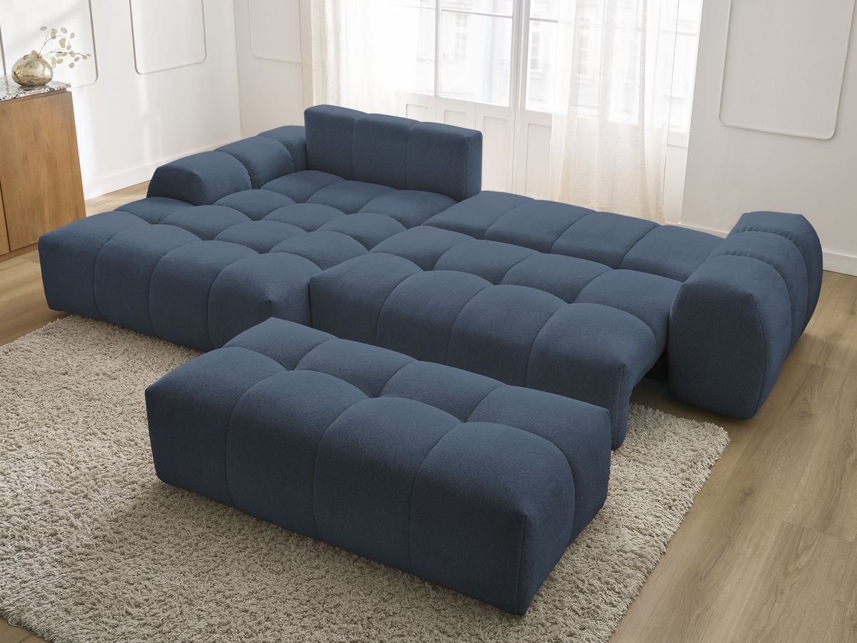 Bobochic Everest Ecksofa mit Schlaffunktion und Bettkasten und Pouf 318 × 180 cm, 7 Kissen Melange-Stoff Dunkelblau Ecke links
