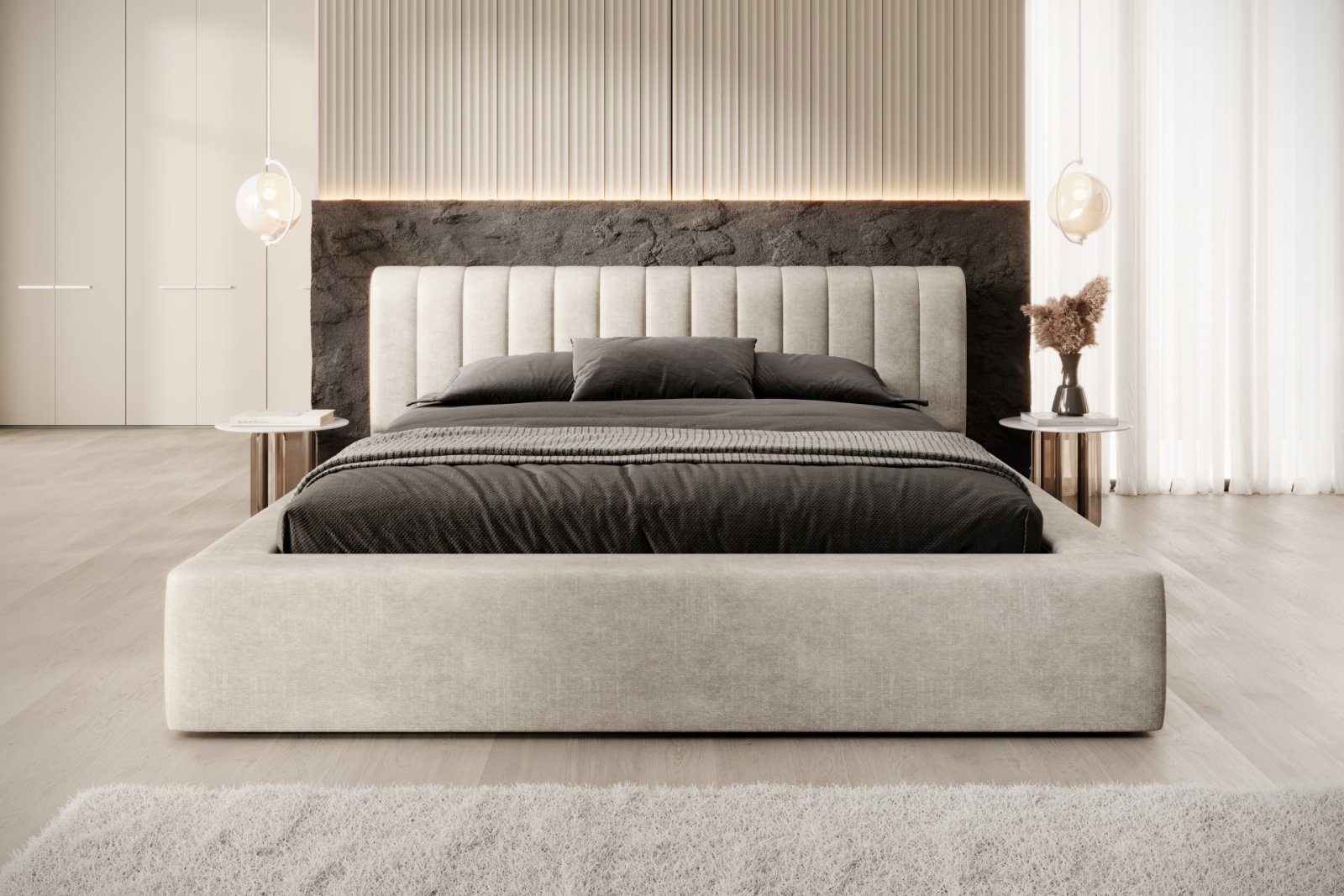 Polsterbett Faroa Samtstoff 180x200 mit Metallrahmen Macau Pearl