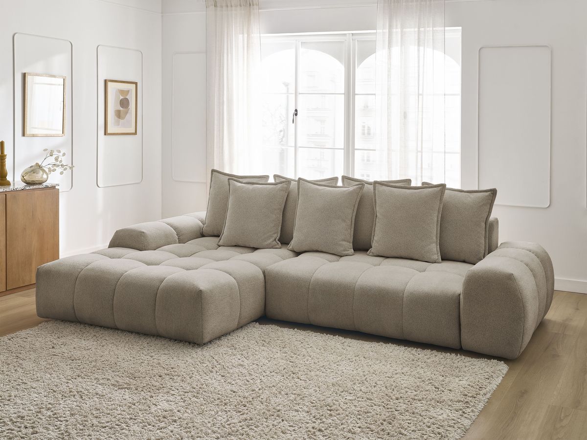 Bobochic Everest Ecksofa mit Schlaffunktion und Bettkasten 318 × 180 cm, 7 Kissen Melange-Stoff Taupe Ecke links