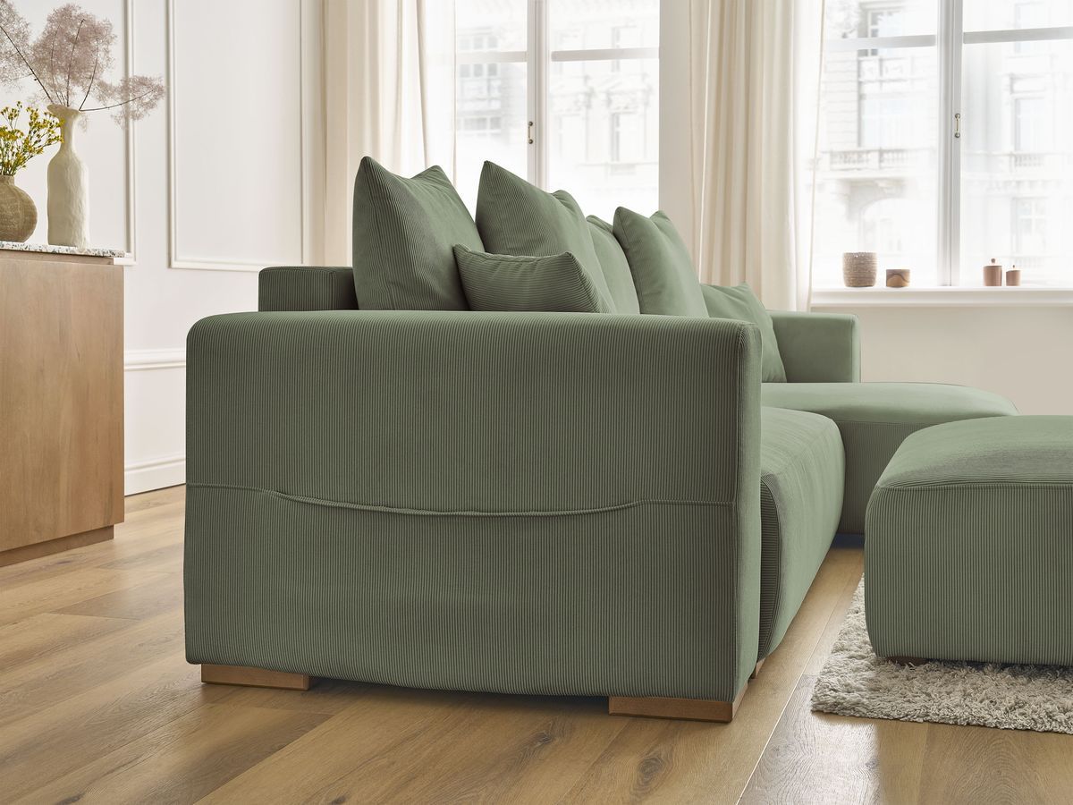 Bobochic Sidonie Ecksofa mit Schlaffunktion und Bettkasten und Pouf Cordsamt Grün