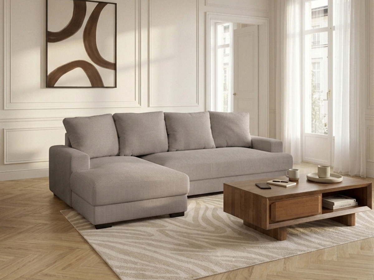 Bobochic Campi Ecksofa mit Schlaffunktion und Bettkasten Cordsamt Taupe Ecke links