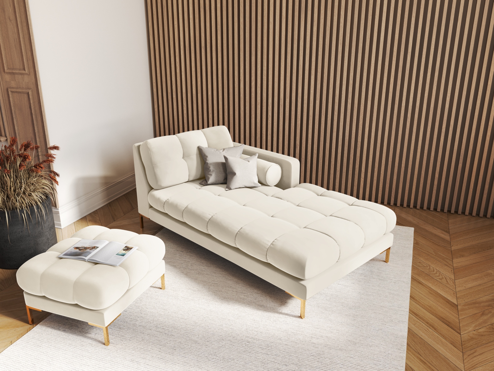 Cosmopolitan Design Chaiselongue Bali Samt Bluvel Helles Beige Rechts Beine Gold