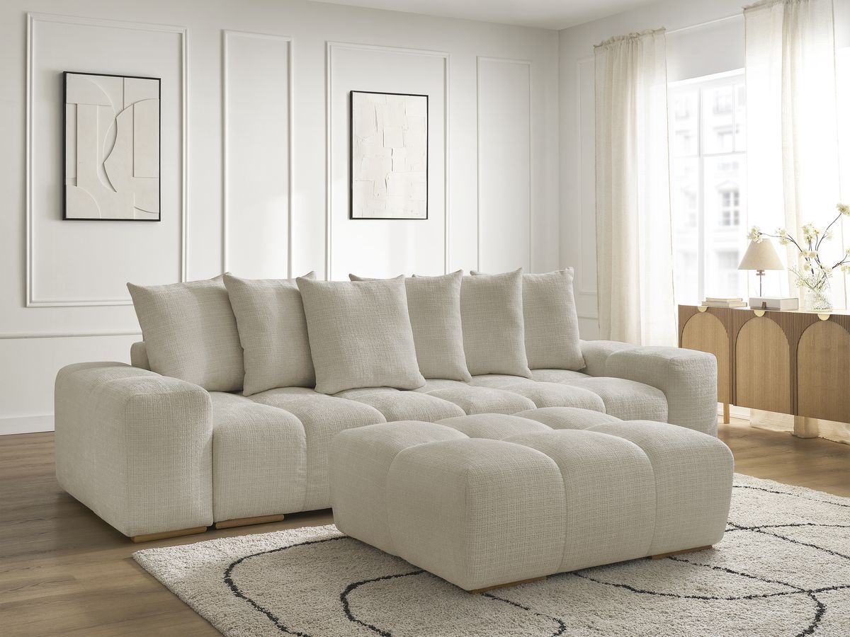 Bobochic Anakin Sofa 3-Sitzer mit Pouf, 6 Kissen Strukturstoff Beige
