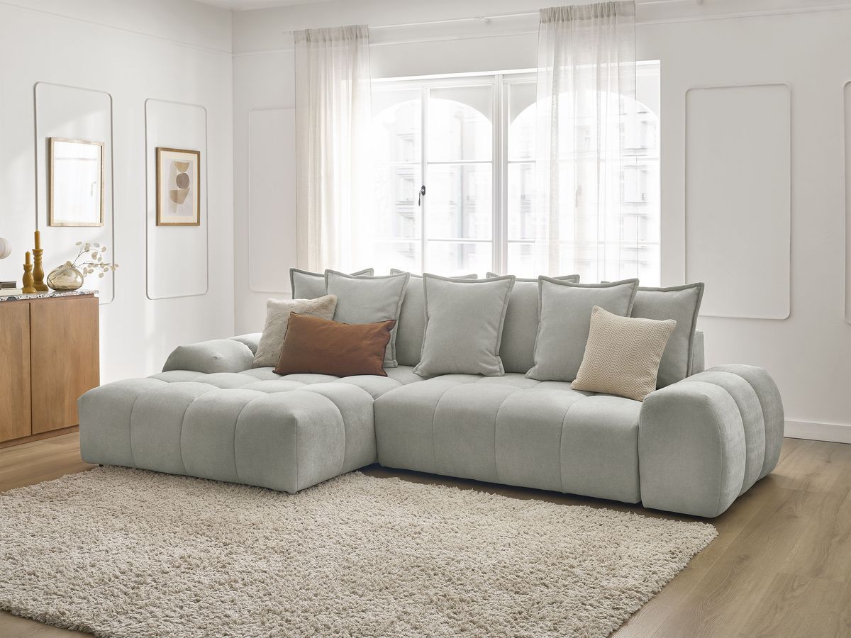 Bobochic Everest Ecksofa mit Schlaffunktion und Bettkasten 318 × 180 cm, 7 Kissen Strukturstoff Hellgrau Ecke links