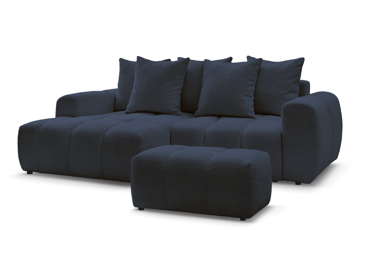 Bobochic Roxelane Ecksofa mit Schlaffunktion und Bettkasten und Pouf 258 × 150 cm Bouclé-Stoff Dunkelblau Ecke rechts