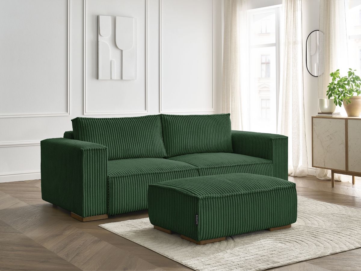 Bobochic Chelsea Schlafsofa 4-Sitzer mit Bettkasten und Pouf Breitcord weich Grün
